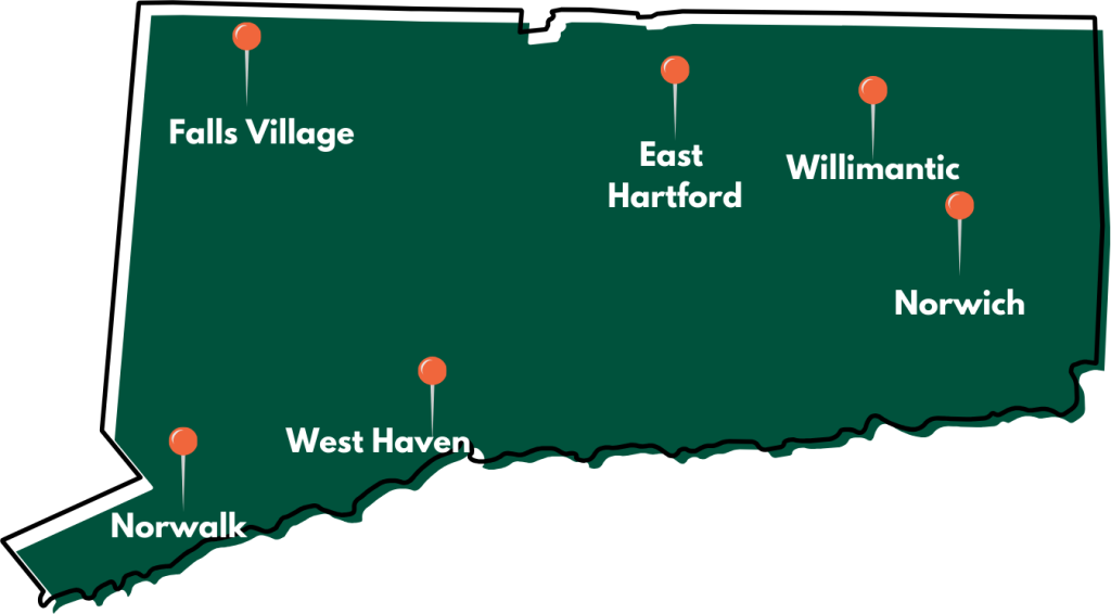 Map of Connecticut with pins of the partner libraries in the pilot project: Falls Village, East Hartford, Willimantic, Nowich, Norwalk, and West Haven